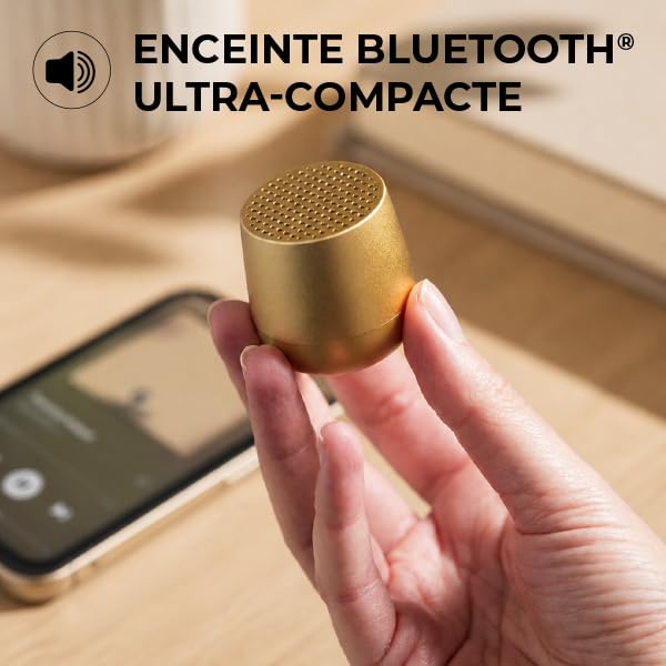 Mini enceinte Bluetooth design galet aluminium — recharge Qi/USB-C, TWS stéréo, micro mains-libres