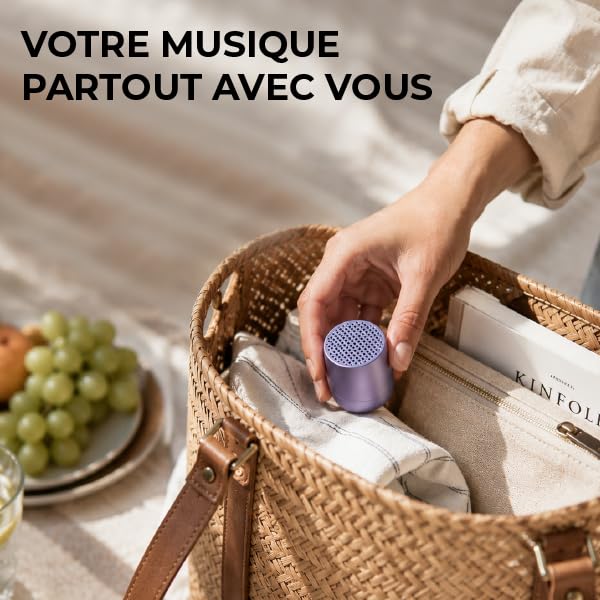 Mini enceinte Bluetooth design galet aluminium — recharge Qi/USB-C, TWS stéréo, micro mains-libres