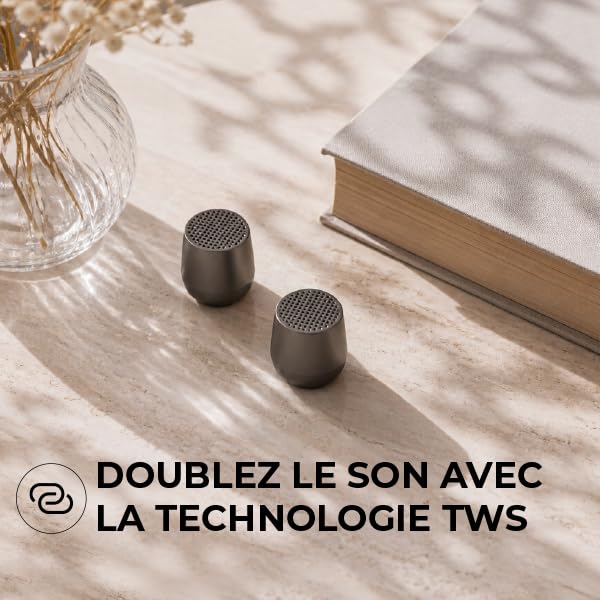 Mini enceinte Bluetooth design galet aluminium — recharge Qi/USB-C, TWS stéréo, micro mains-libres