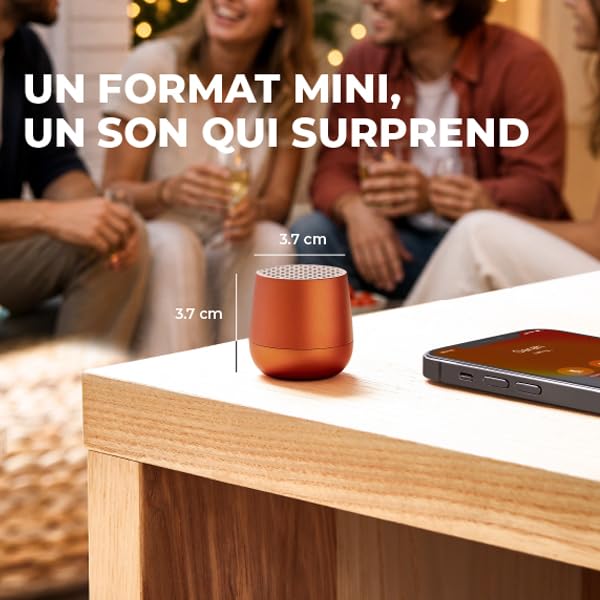 Mini enceinte Bluetooth design galet aluminium — recharge Qi/USB-C, TWS stéréo, micro mains-libres