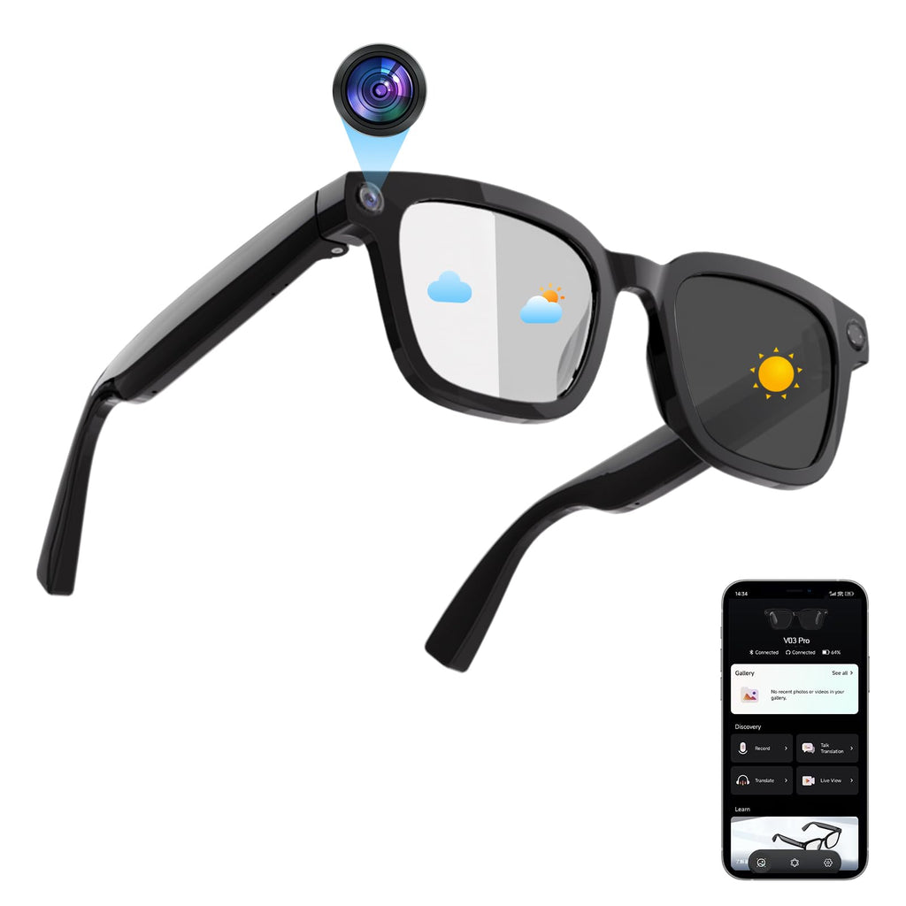 Lunettes connectées caméra 8MP 1200P IA USB-C, double micro enregistrement