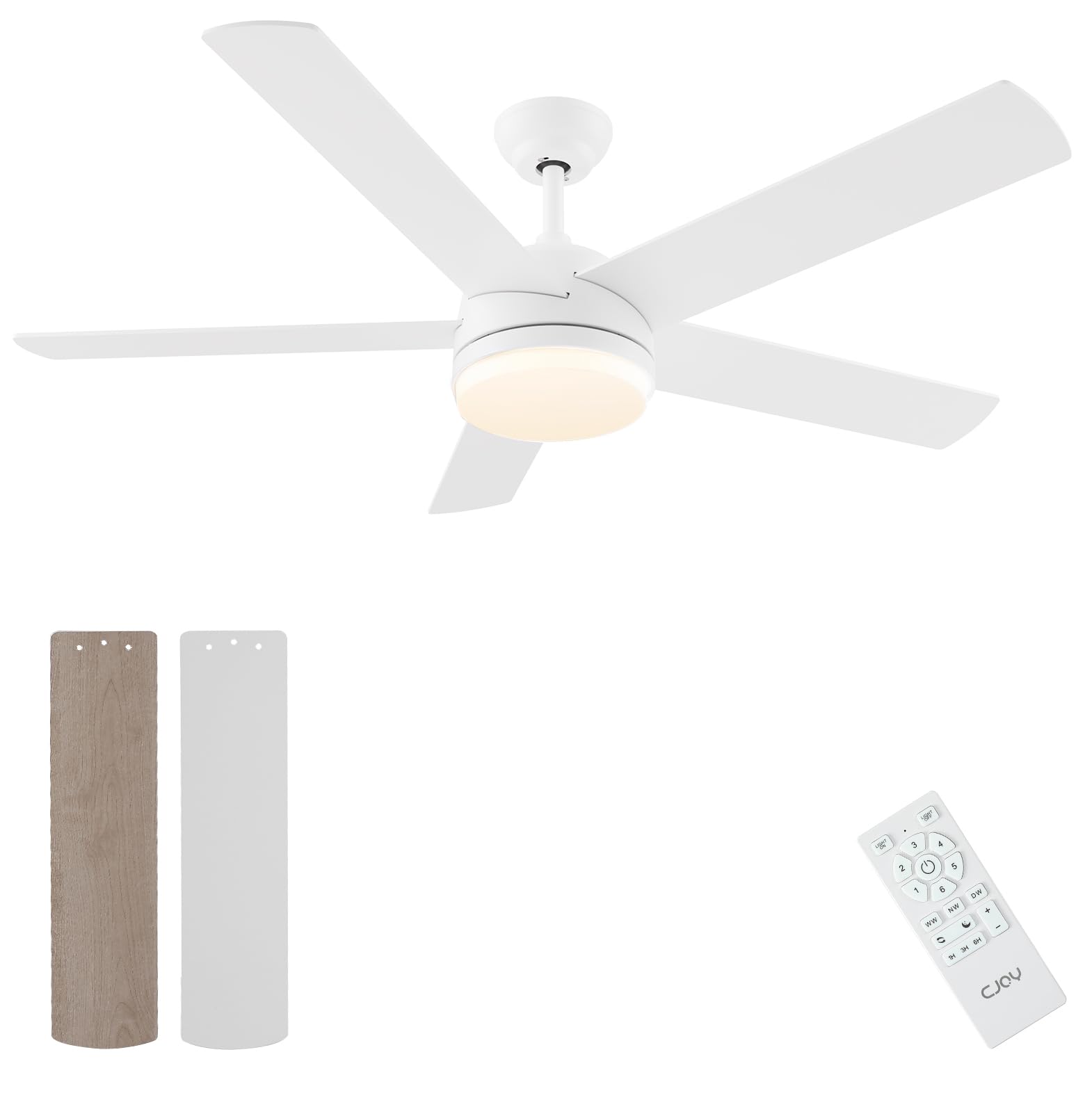 Ventilateur de plafond 152 cm blanc/bois LED — silencieux, 6 vitesses — vue 1