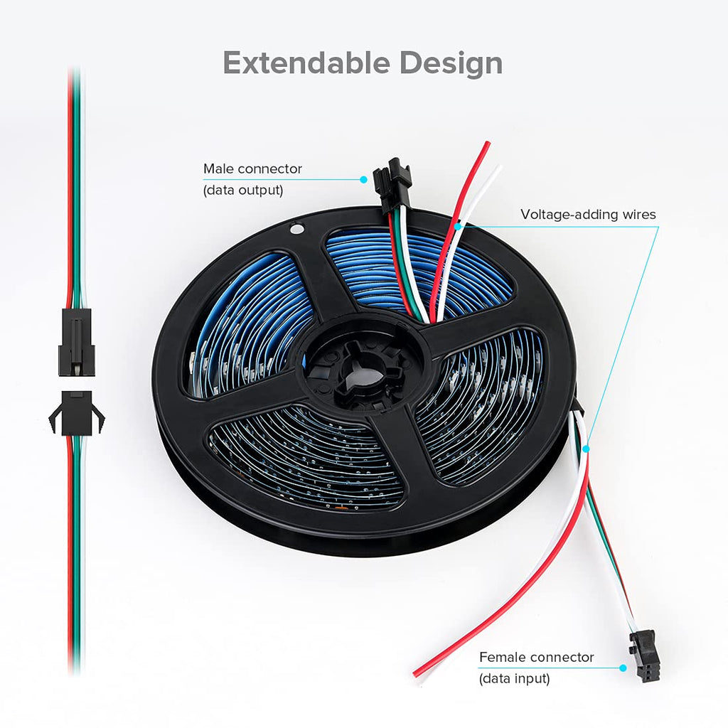 Ruban LED WS2812B adressable 5 m — LED pilotables une à une, DC 5V, effets dynamiques, découpable