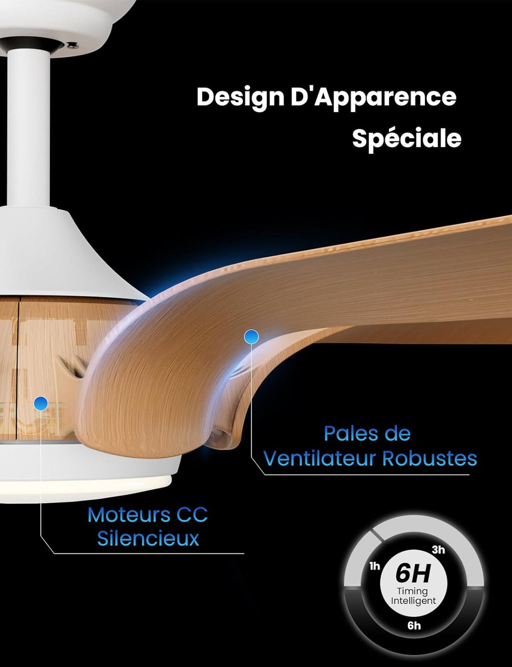 Ventilateur de plafond 142 cm télécommande LED — bois clair silencieux — vue 7