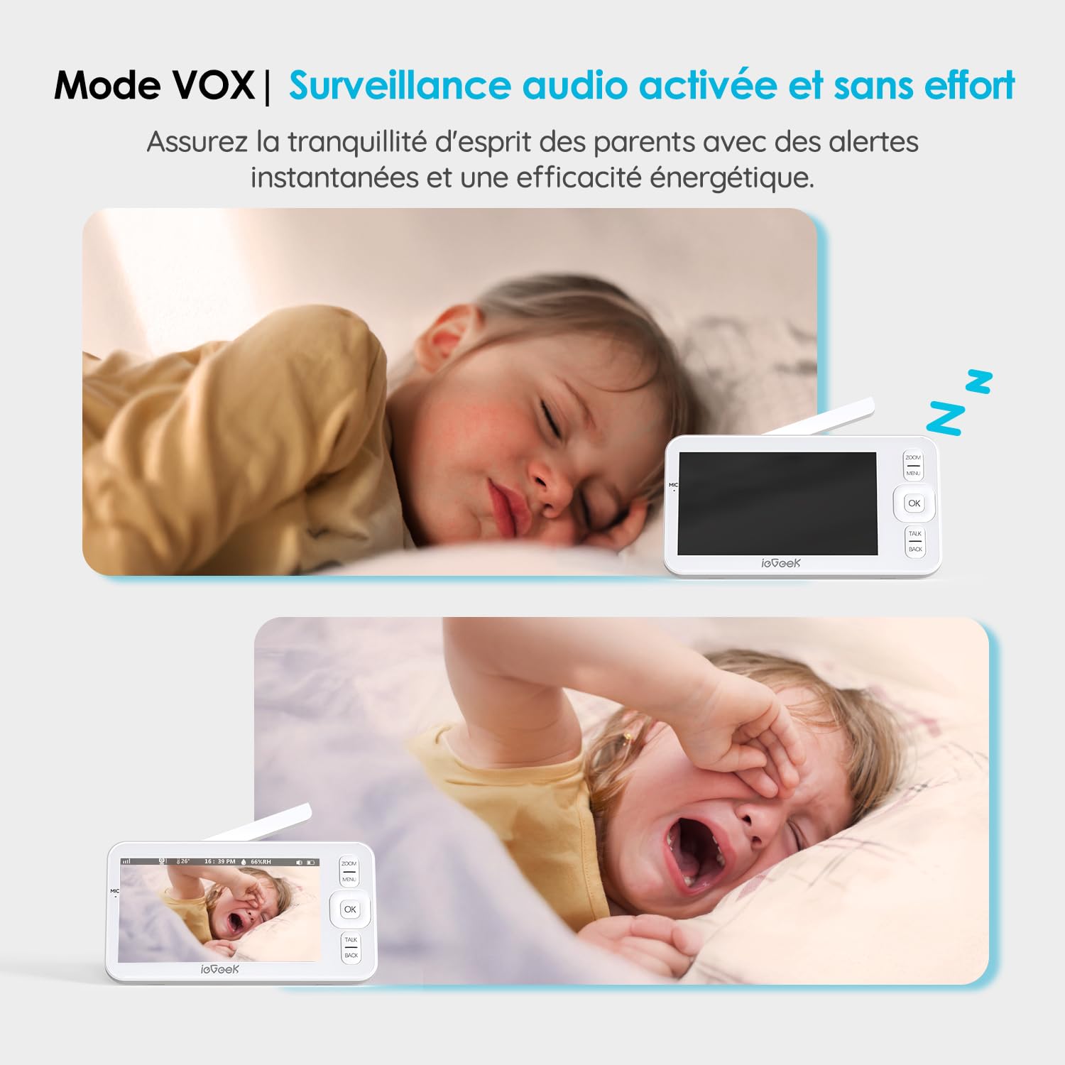 Babyphone caméra vidéo écran 4,3" — PTZ 360°, vision nocturne, audio bidirectionnel, app smartphone
