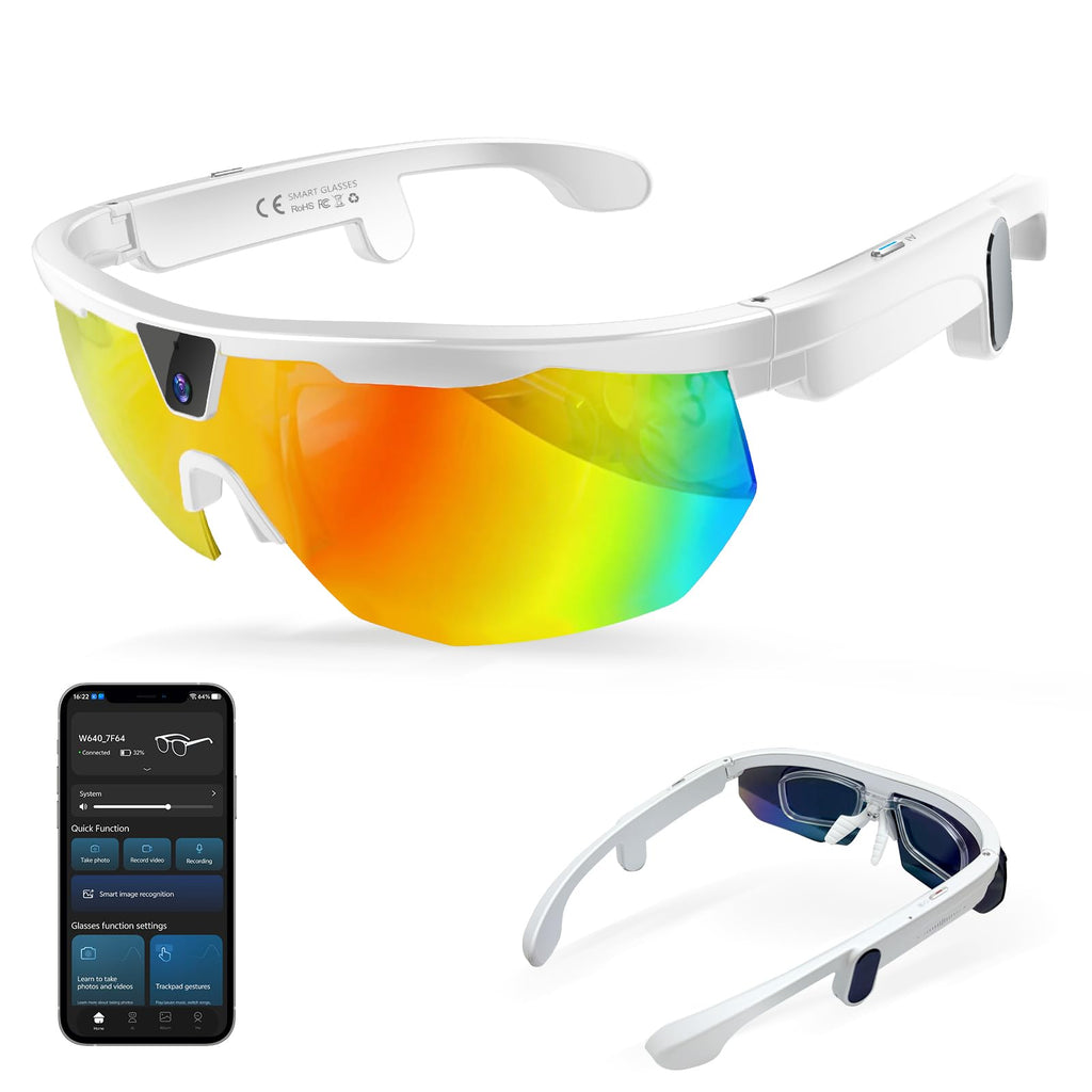 Lunettes connectées sport caméra HD — monture blanche, verres miroir