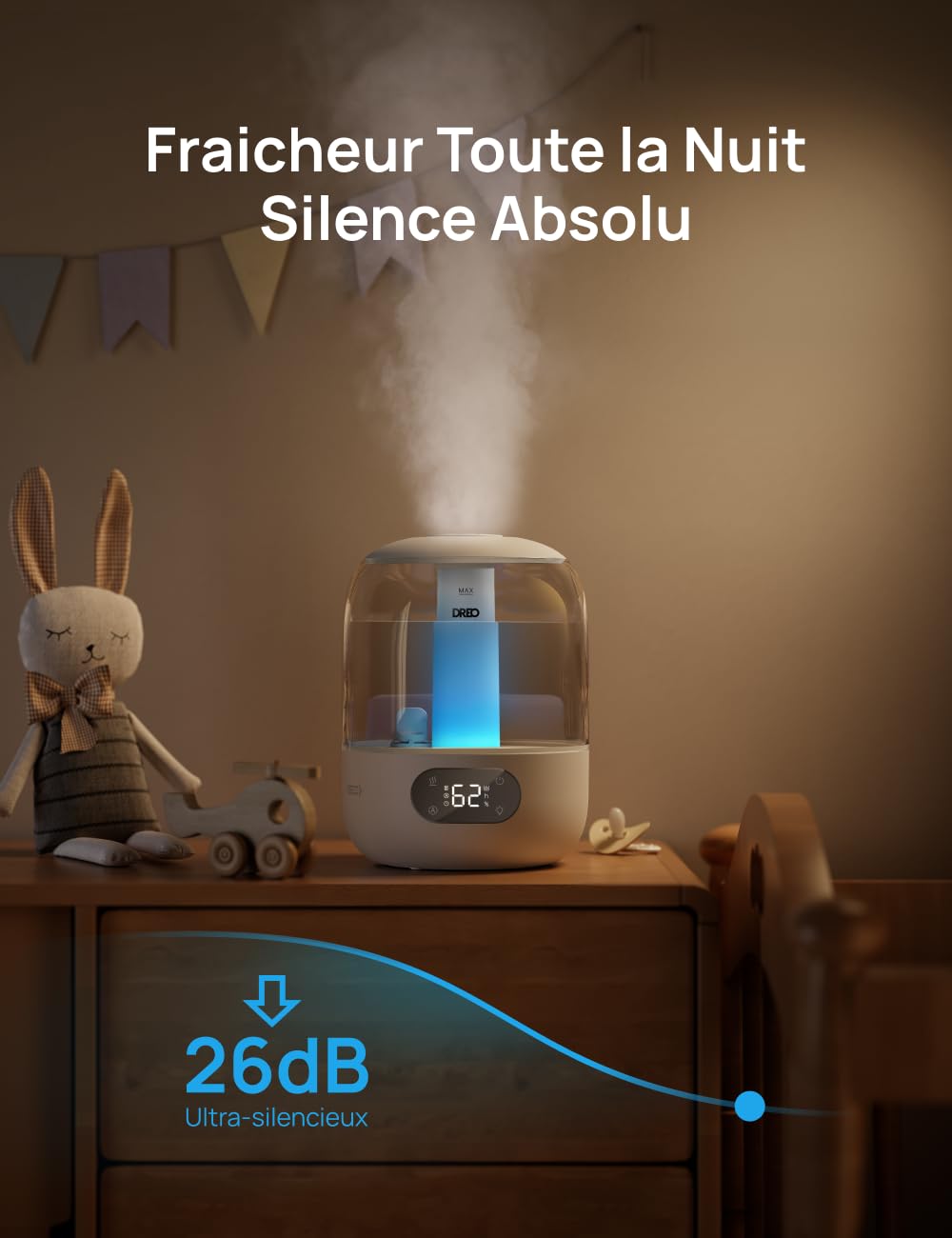 Humidificateur d'air ultrasonique 3 L — brume fraîche 250 ml/h, remplissage par le haut, mode veille 26 dB