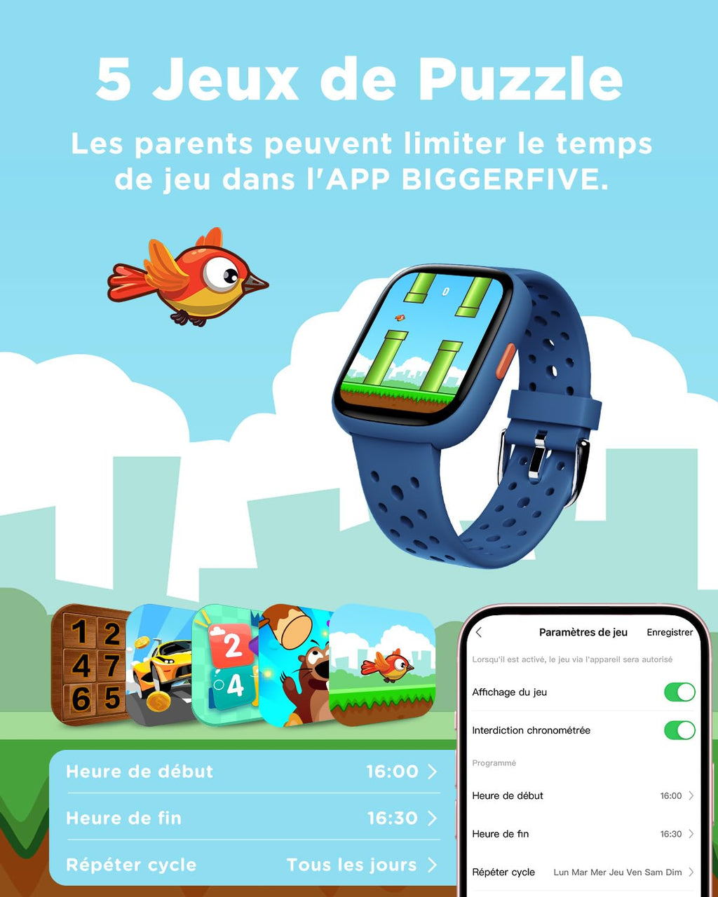 Montre connectée enfant 1,8" — podomètre, cardio, sommeil, sans appli (fille garçon)