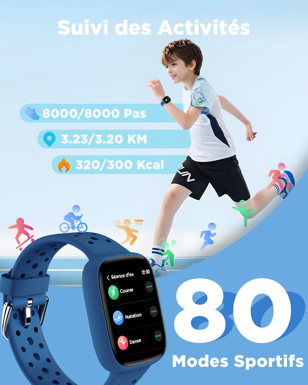 Montre connectée enfant 1,8" — podomètre, cardio, sommeil, sans appli (fille garçon)