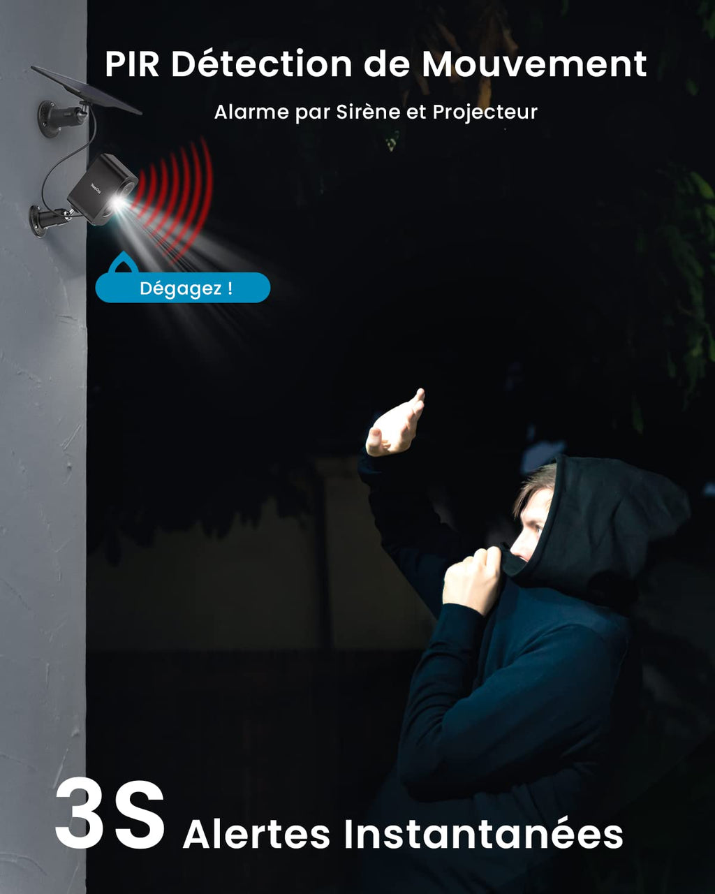Caméra extérieure solaire sans fil 2K — 100% autonome, vision nocturne couleur, détection IA, audio bidirectionnel, IP65