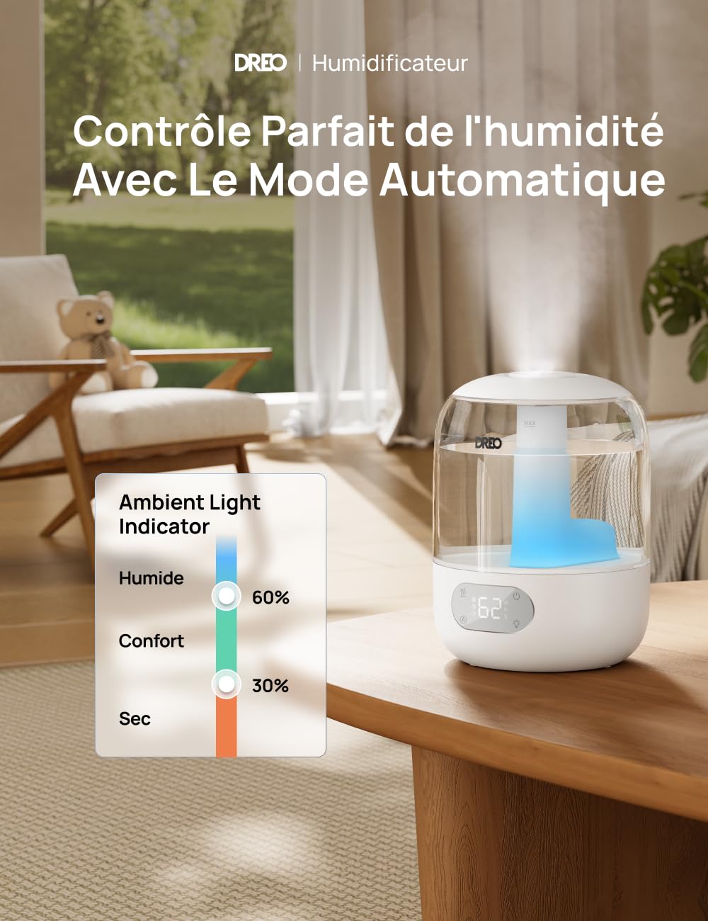 Humidificateur d'air ultrasonique 3 L — brume fraîche 250 ml/h, remplissage par le haut, mode veille 26 dB