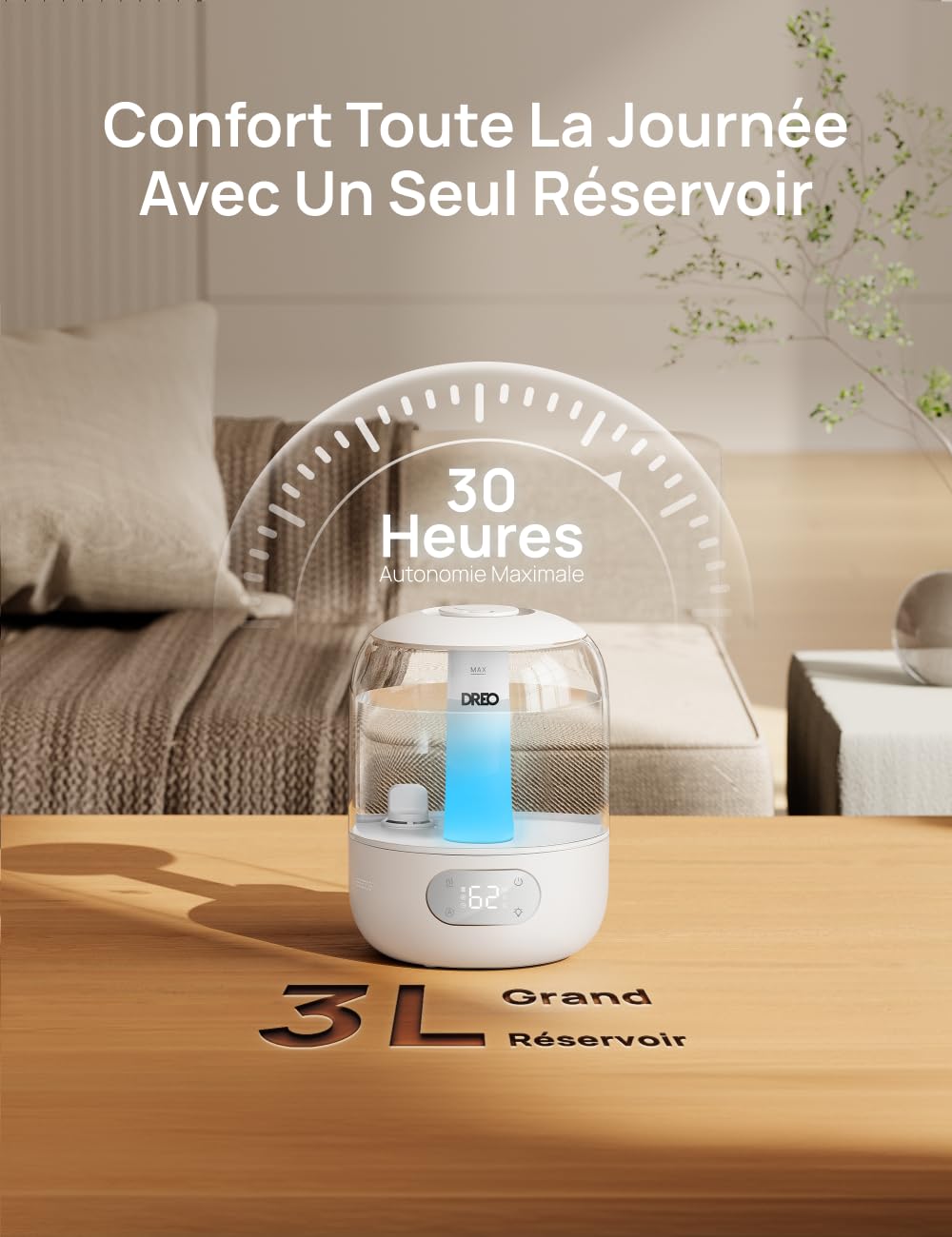 Humidificateur d'air ultrasonique 3 L — brume fraîche 250 ml/h, remplissage par le haut, mode veille 26 dB