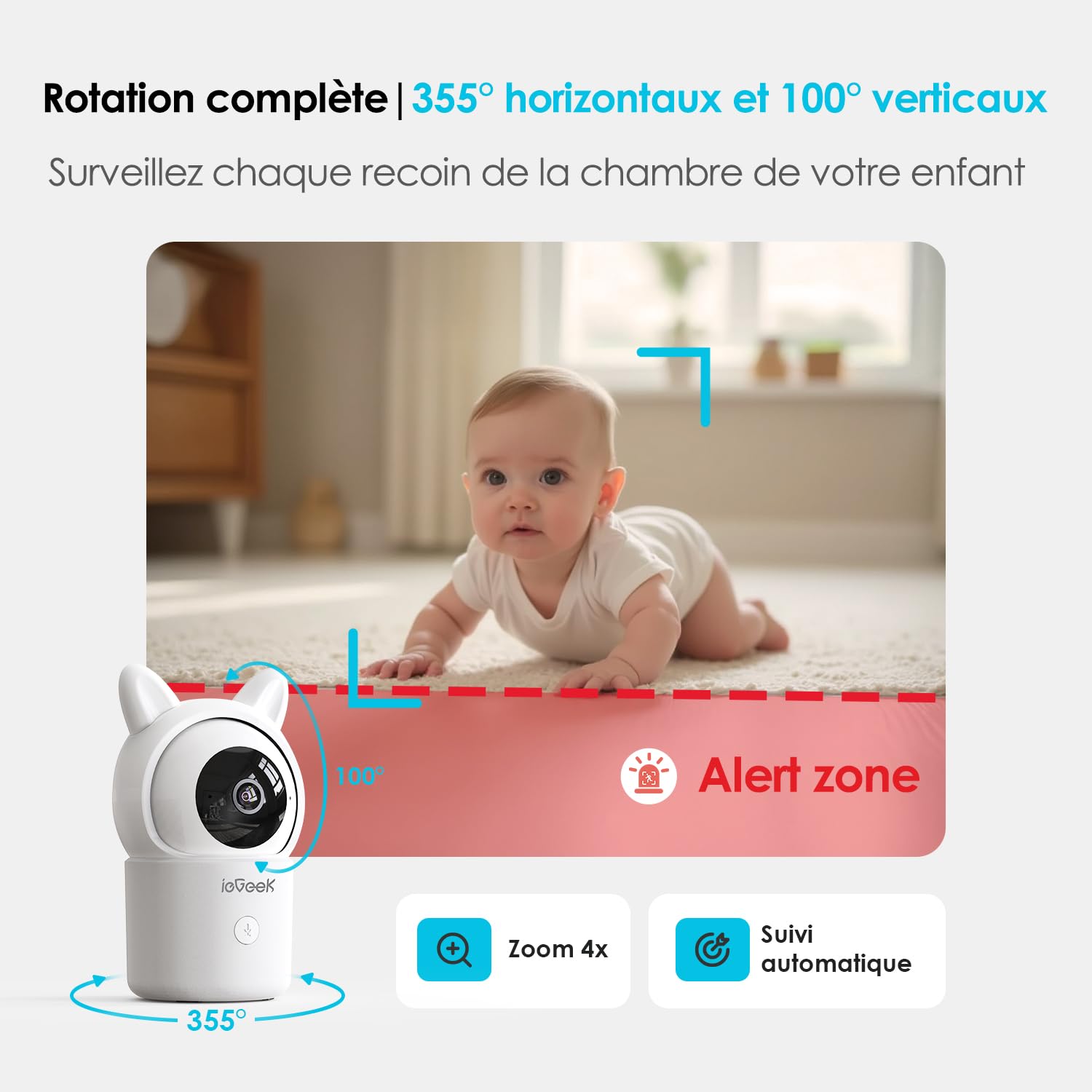 Babyphone caméra vidéo écran 4,3" — PTZ 360°, vision nocturne, audio bidirectionnel, app smartphone