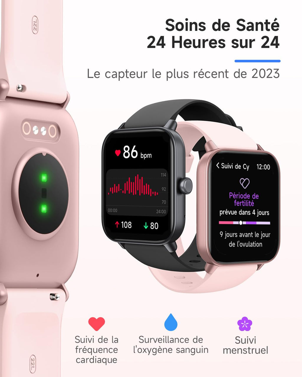 Montre connectée femme 1,8" Alexa intégrée — cardio, sommeil, SpO2, IP68