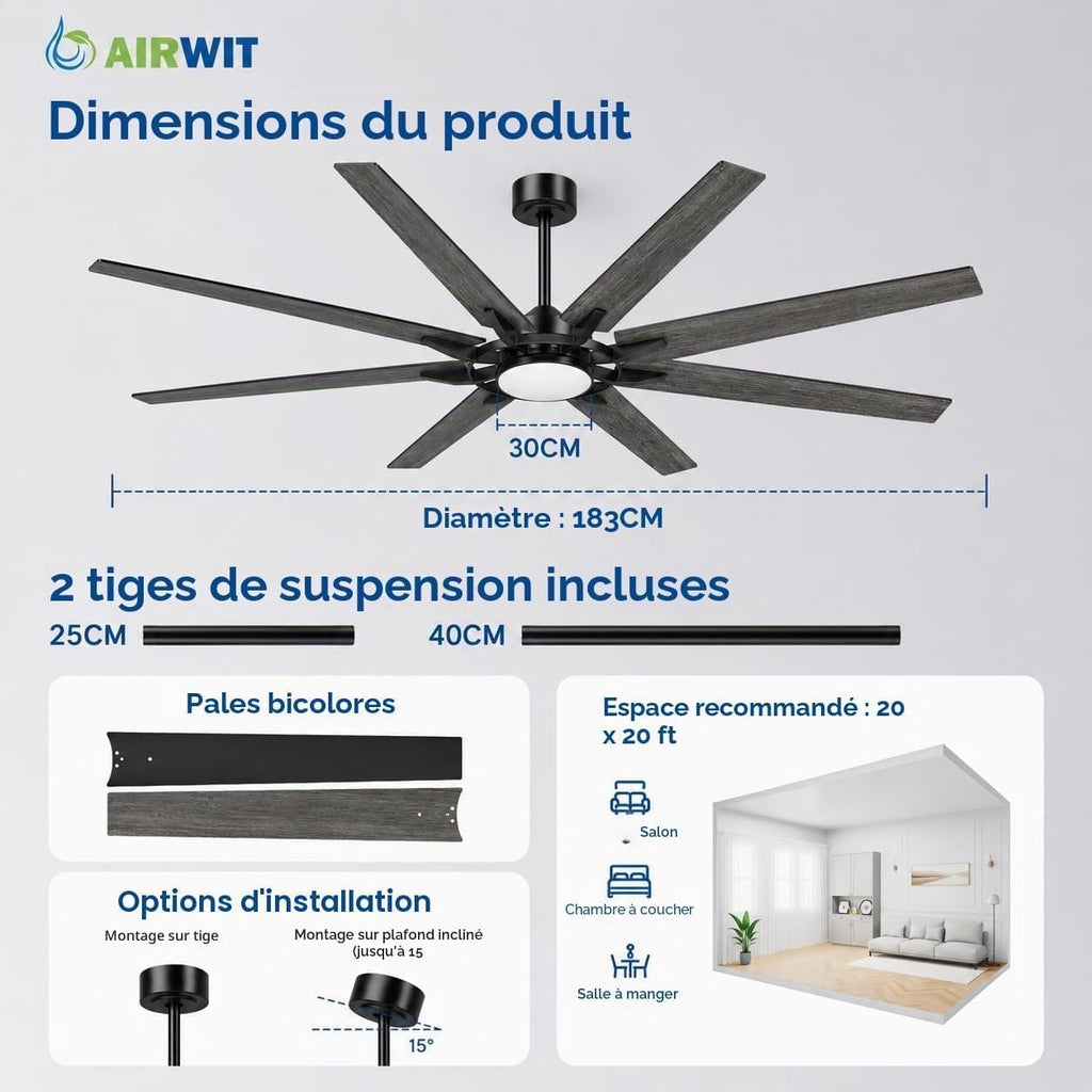 Ventilateur de plafond XXL 183 cm LED — grands espaces jusqu'à 50 m² — vue 7