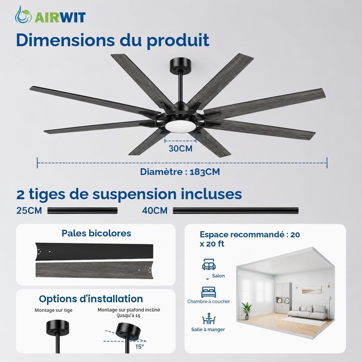 Ventilateur de plafond XXL 183 cm LED — grands espaces jusqu'à 50 m² — vue 7