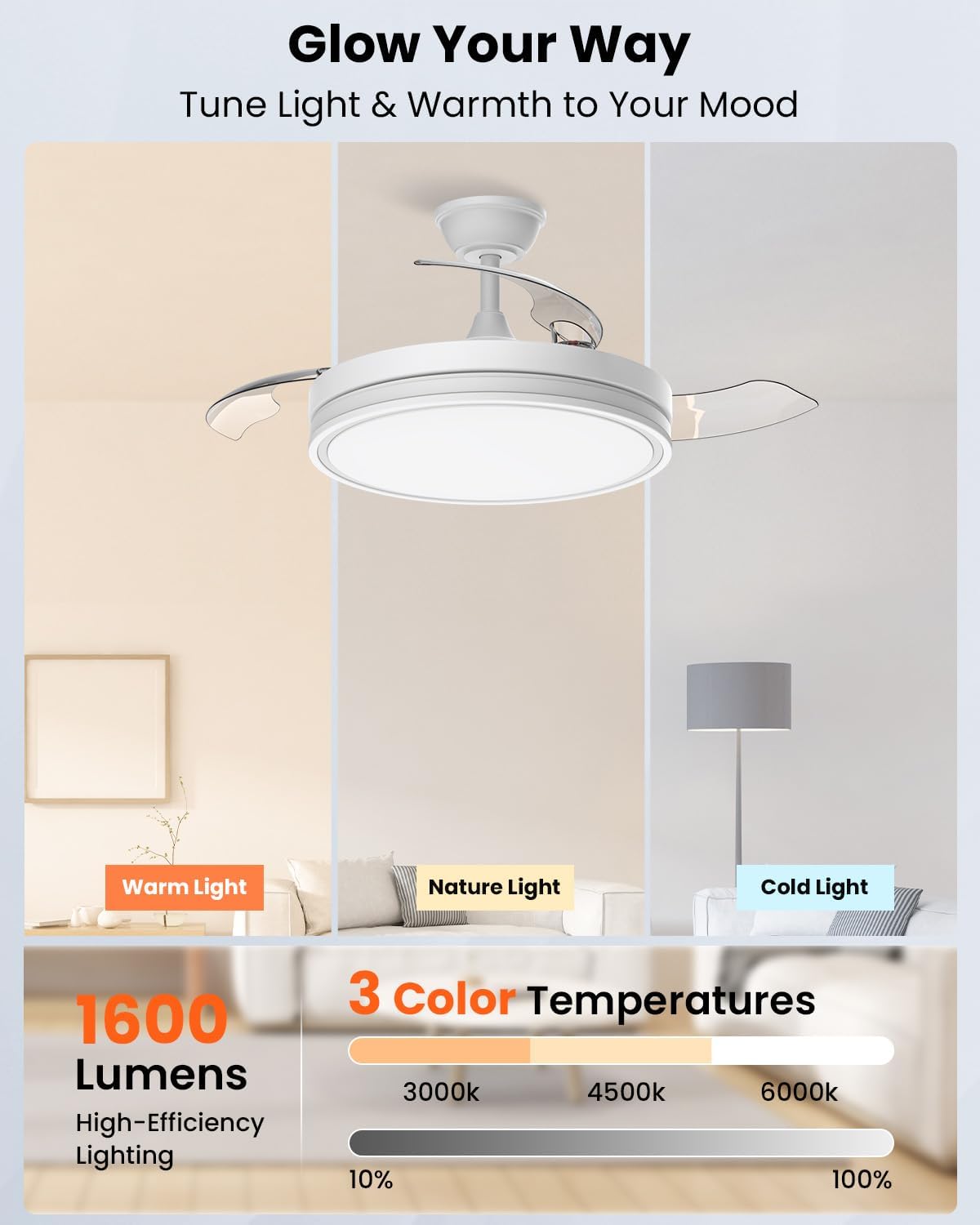 Ventilateur de plafond rétractable 106 cm LED — silencieux 6 vitesses — vue 6