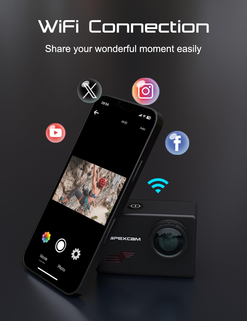 Caméra sport 4K 60fps 48MP — étanche 40 m, stabilisation EIS, grand angle 170°, WiFi + télécommande