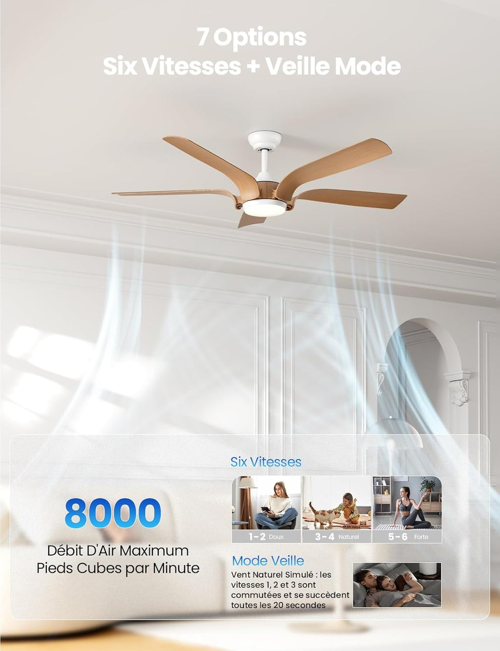 Ventilateur de plafond 142 cm télécommande LED — bois clair silencieux — vue 2