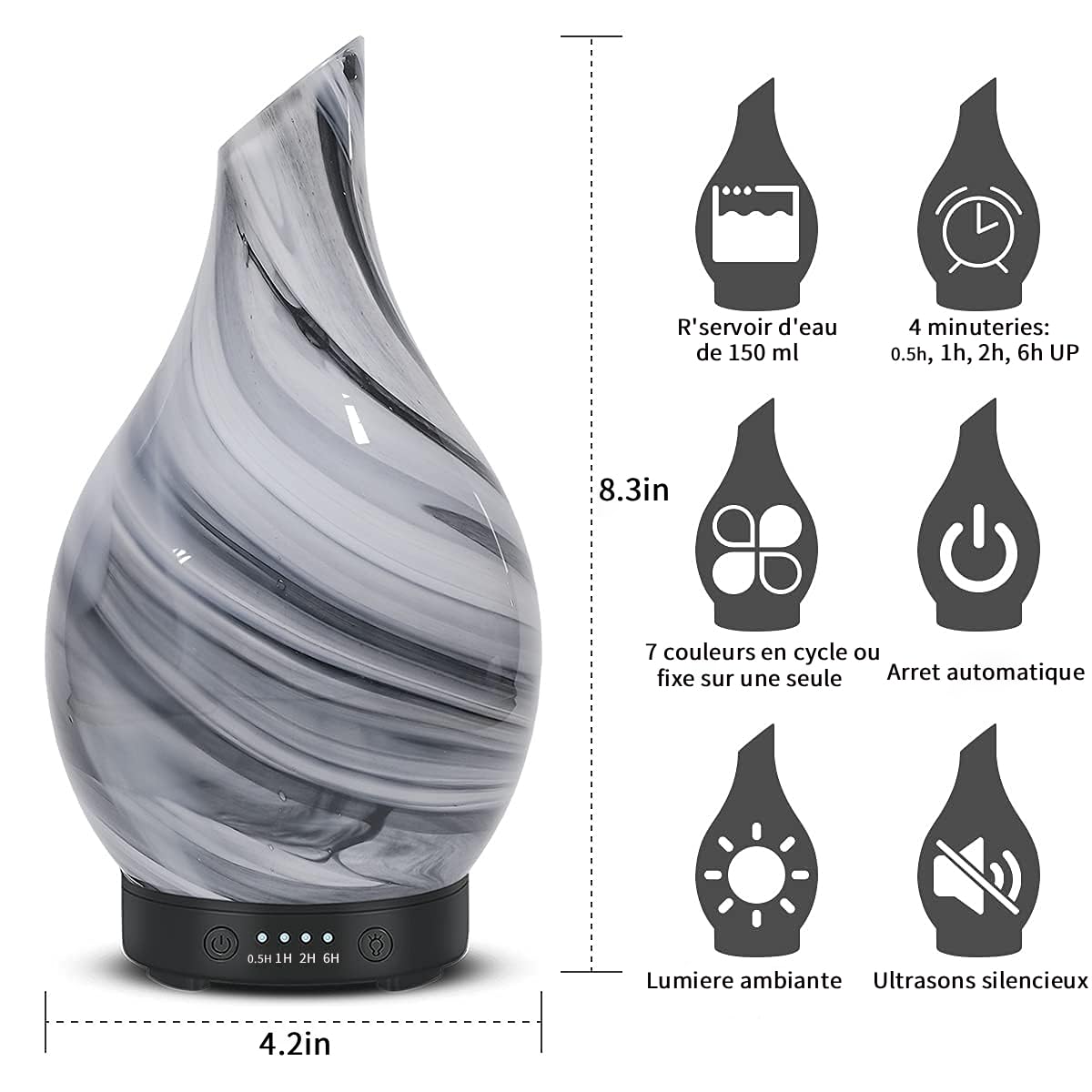Diffuseur d'huiles essentielles verre soufflé 150 ml — ultrasons silencieux, lumière d'ambiance, 4 modes, arrêt auto