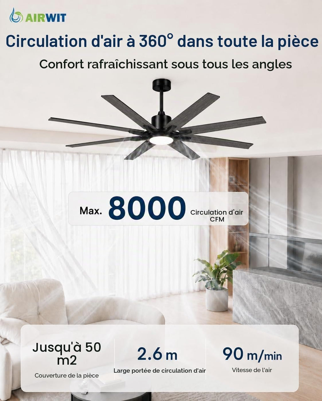Ventilateur de plafond XXL 183 cm LED — grands espaces jusqu'à 50 m² — vue 3