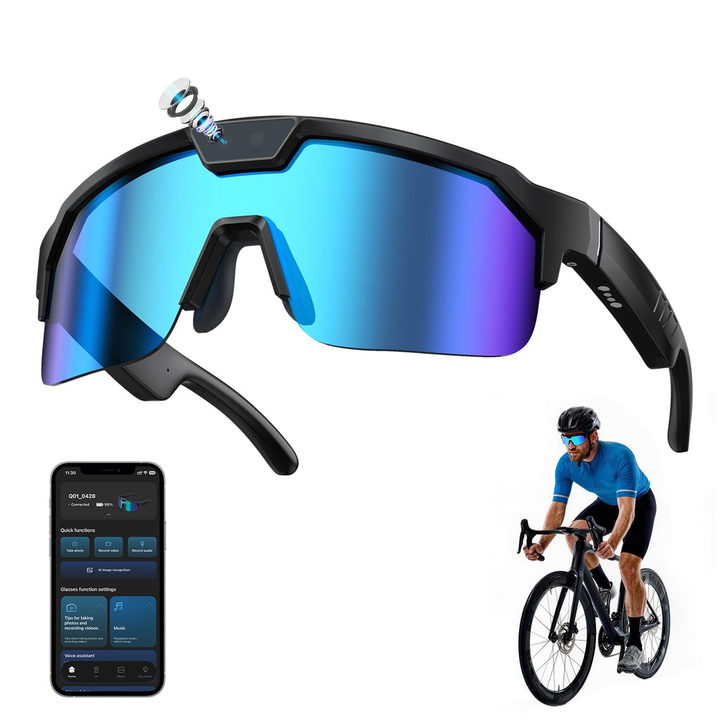 Lunettes connectées vélo caméra 8 MP — verres miroir bleus, Bluetooth