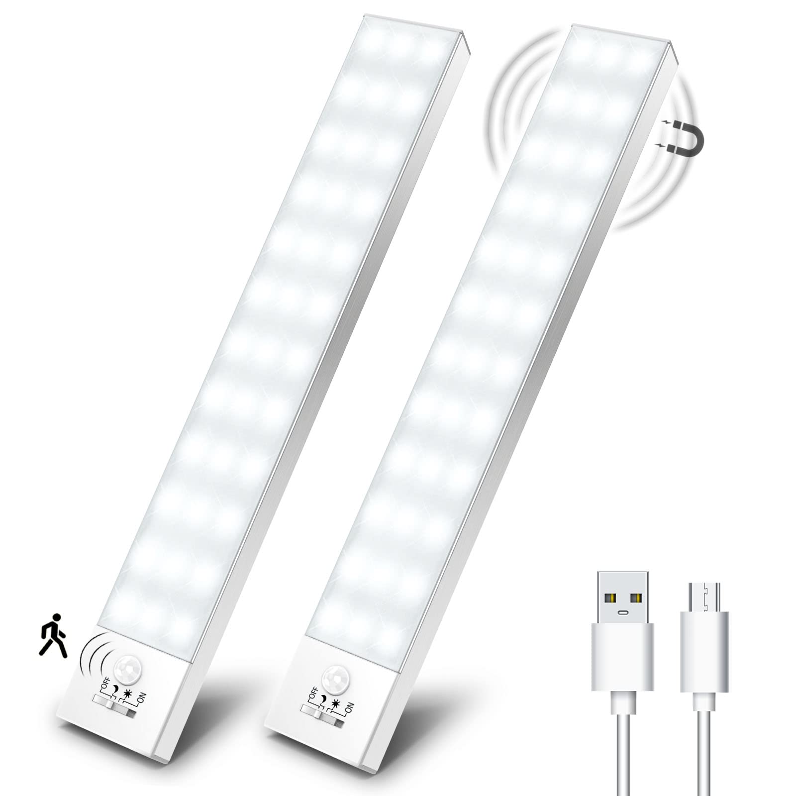 Réglettes LED à détecteur de mouvement (lot de 2) — 36 LED, 5000K, rechargeables USB, sans fil, aimantées