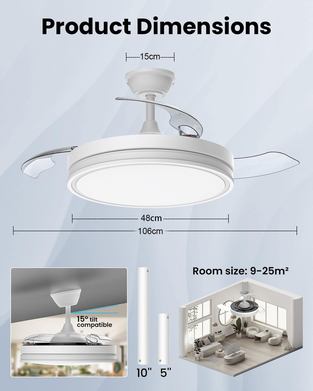 Ventilateur de plafond rétractable 106 cm LED — silencieux 6 vitesses — vue 7