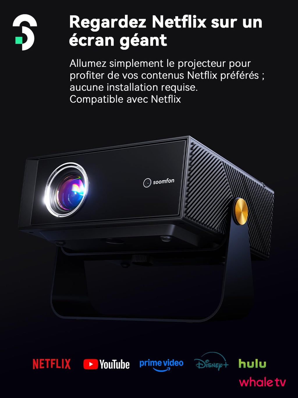 Vidéoprojecteur home cinéma 1080P natif (4K pris en charge) — HDR10 & HLG, alignement intelligent, compatible Netflix