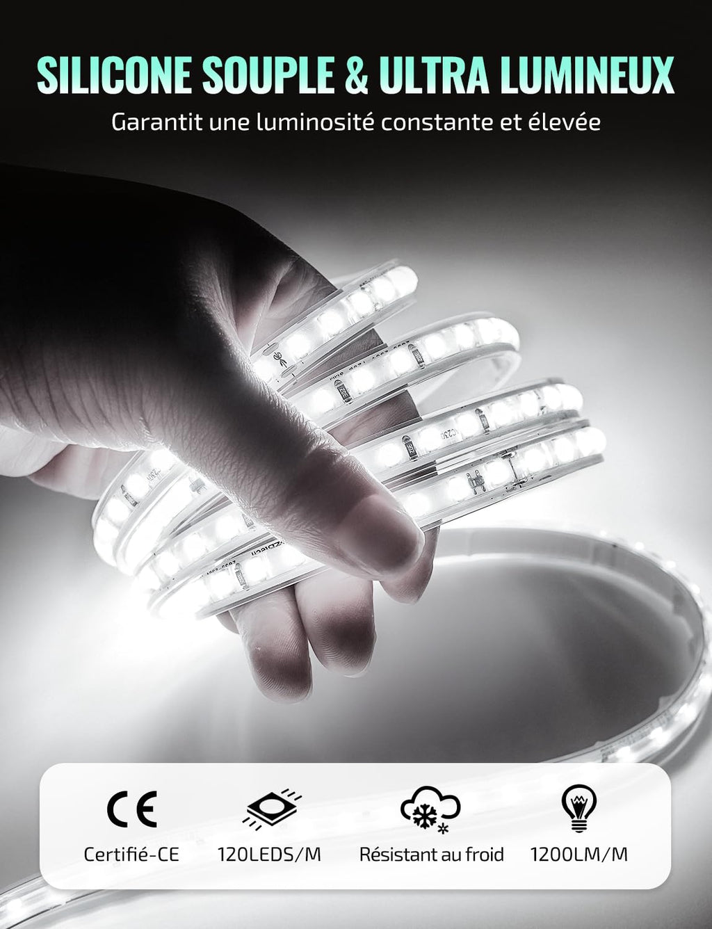 Ruban LED 220V blanc froid 6500K — 1200 lm/m, silicone IP65, découpable tous les 10 cm, sans transformateur