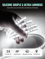 Ruban LED 220V blanc froid 6500K — 1200 lm/m, silicone IP65, découpable tous les 10 cm, sans transformateur