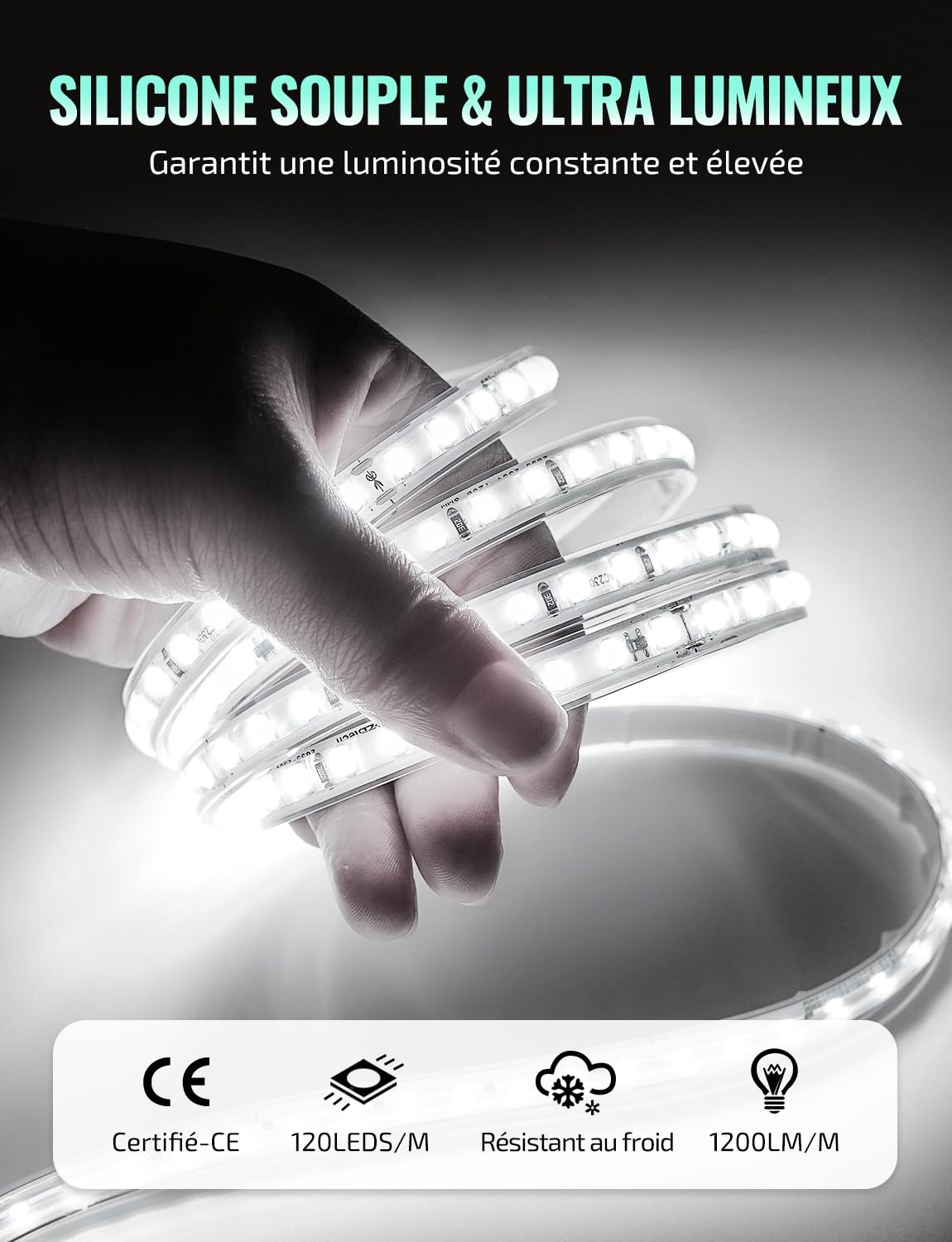 Ruban LED 220V blanc froid 6500K — 1200 lm/m, silicone IP65, découpable tous les 10 cm, sans transformateur