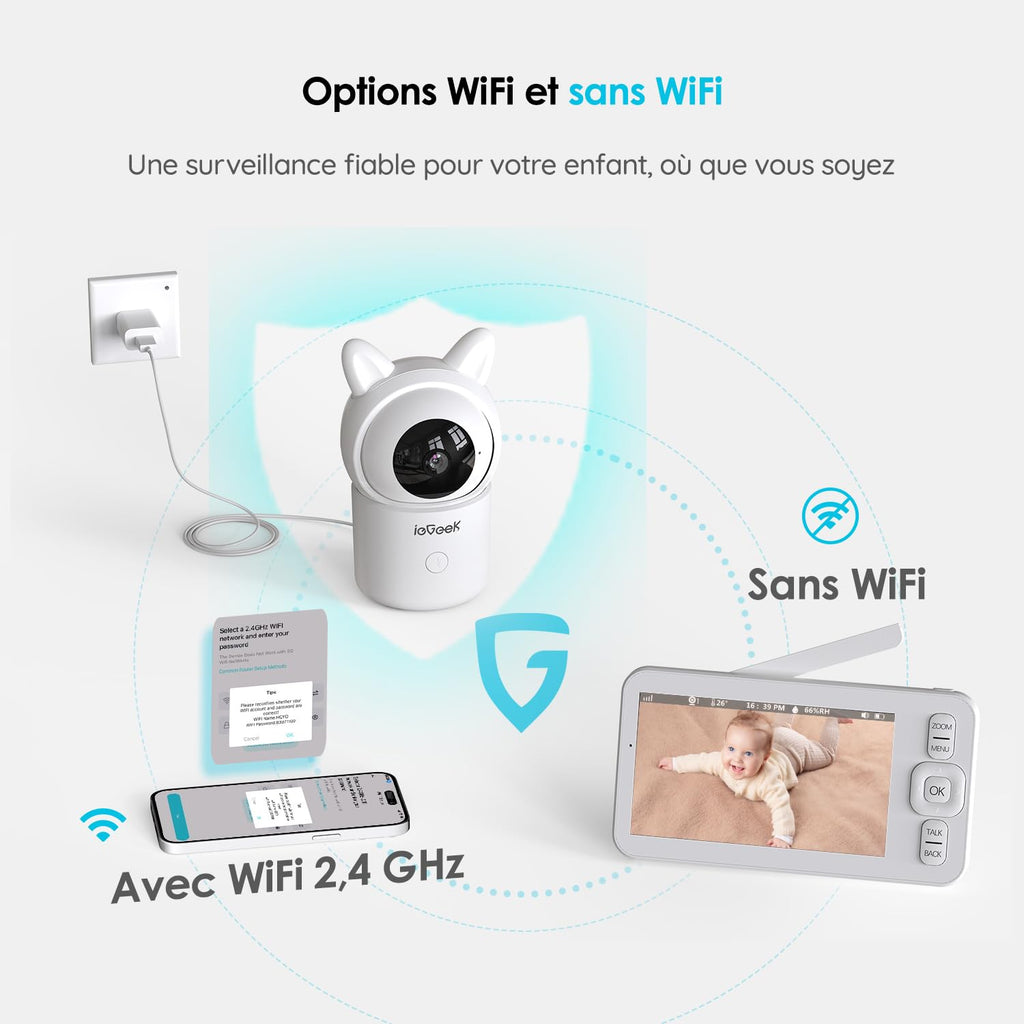 Babyphone caméra vidéo écran 4,3" — PTZ 360°, vision nocturne, audio bidirectionnel, app smartphone