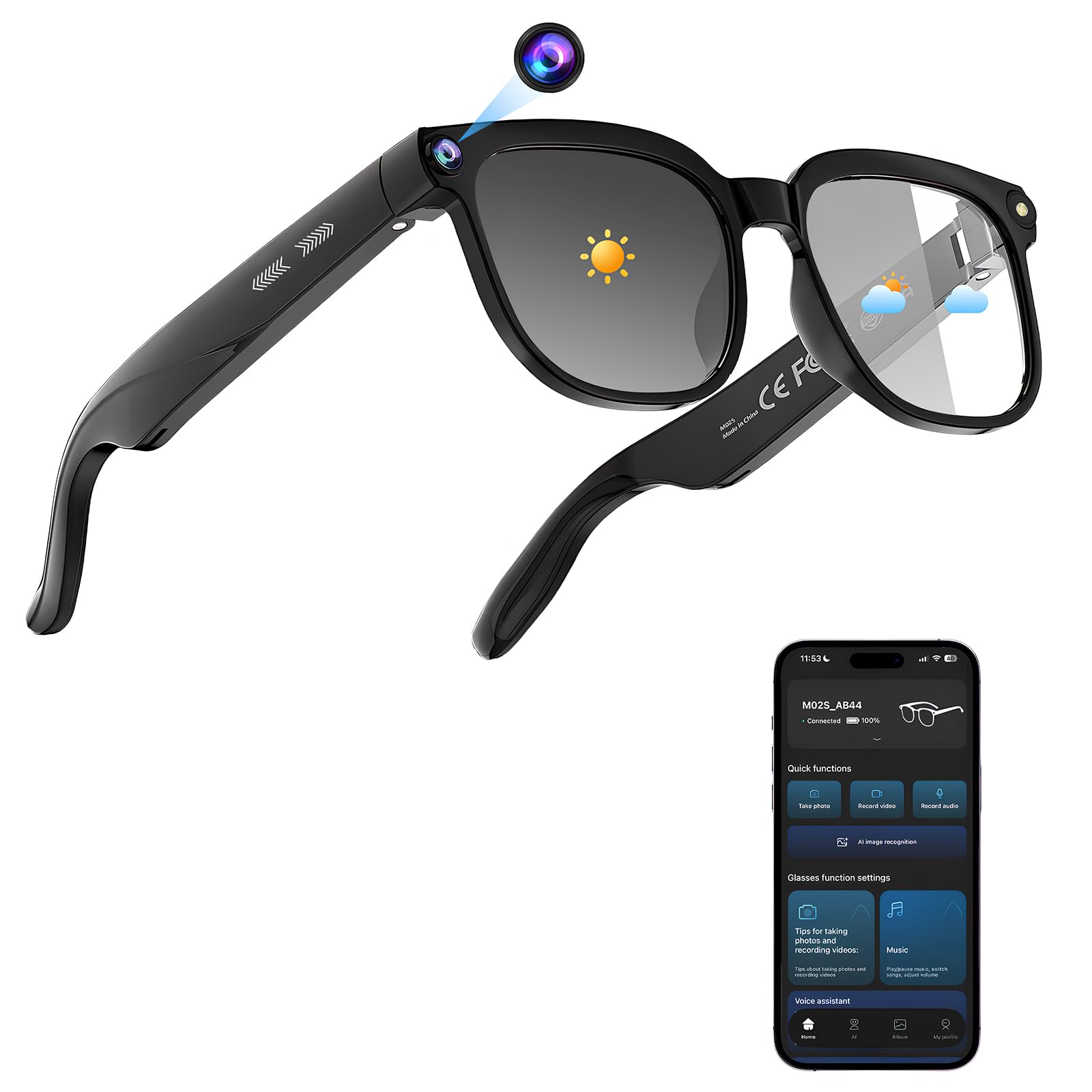 Lunettes connectées caméra 8MP 1080P traducteur IA intelligence artificielle