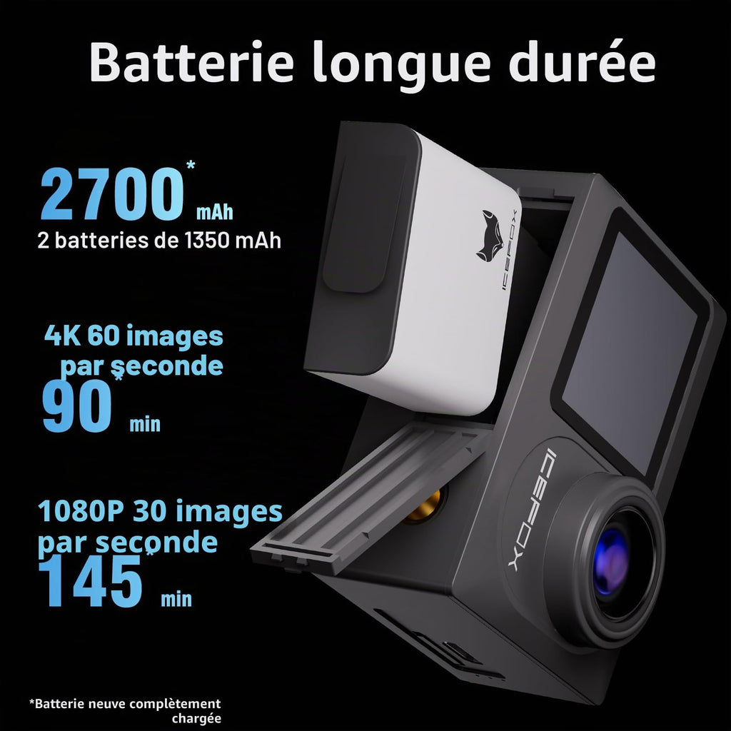 Caméra action 4K 60fps 20MP — étanche 30 m, WiFi, stabilisation EIS, 2 batteries 1350 mAh