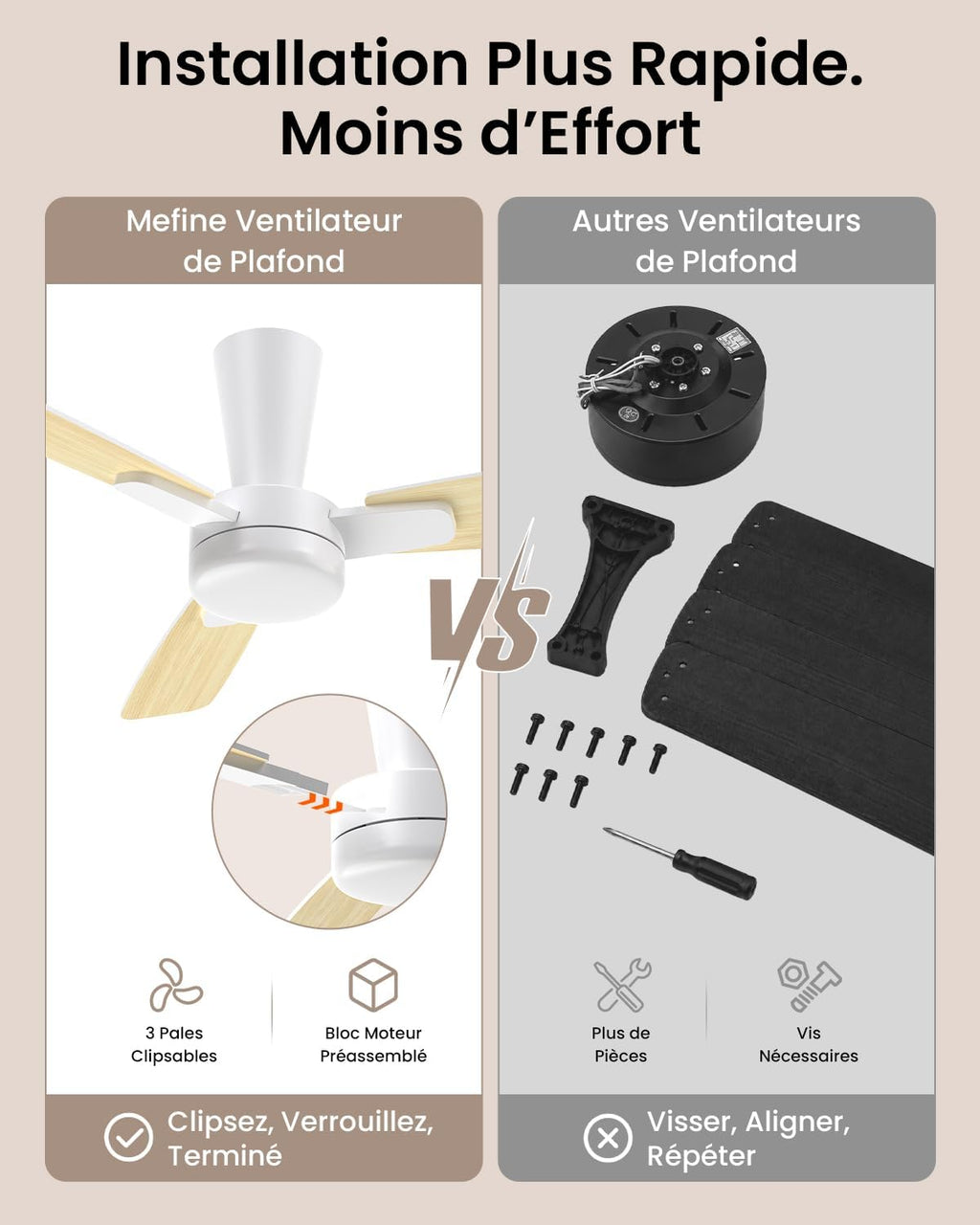 Ventilateur de plafond 106 cm avec lumière — pales clic sans outil — vue 2