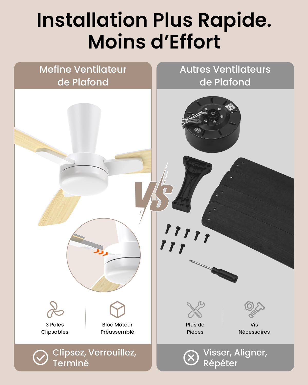 Ventilateur de plafond 106 cm avec lumière — pales clic sans outil — vue 2