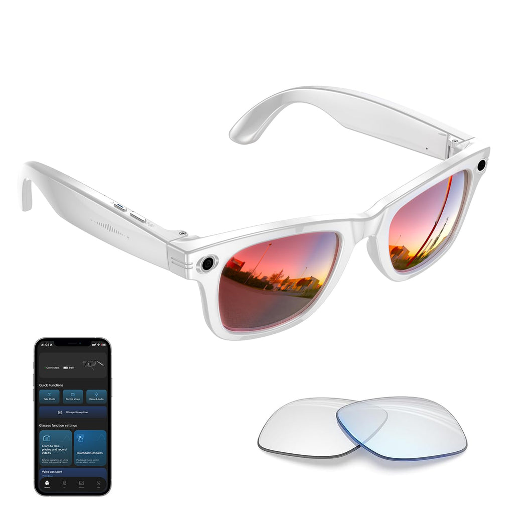 Lunettes connectées caméra 1200P 8 MP — anti-tremblement, monture blanche
