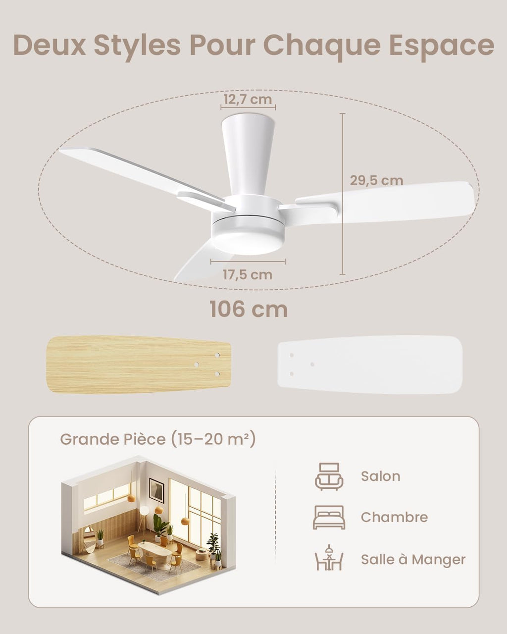 Ventilateur de plafond 106 cm avec lumière — pales clic sans outil — vue 7