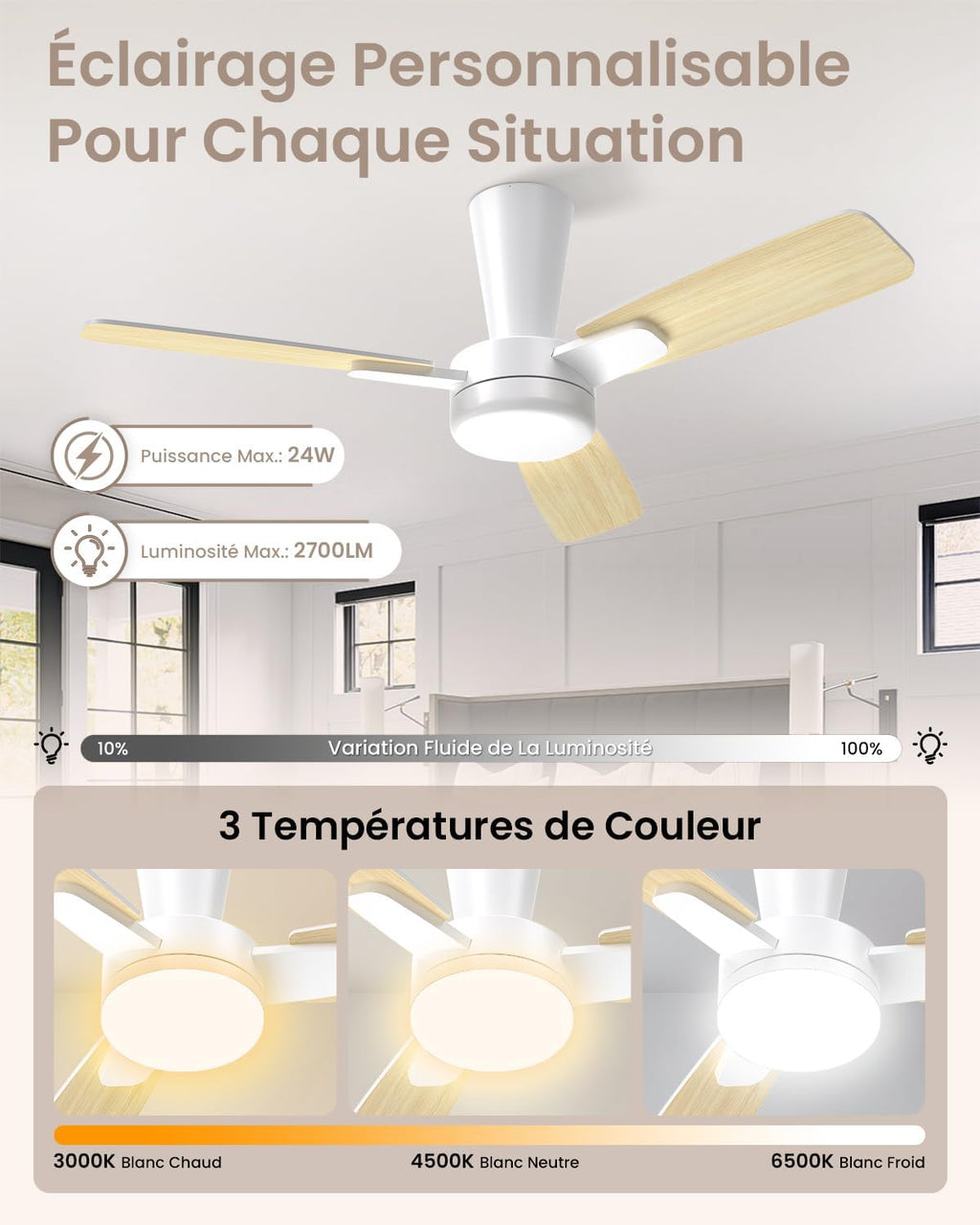 Ventilateur de plafond 106 cm avec lumière — pales clic sans outil — vue 6