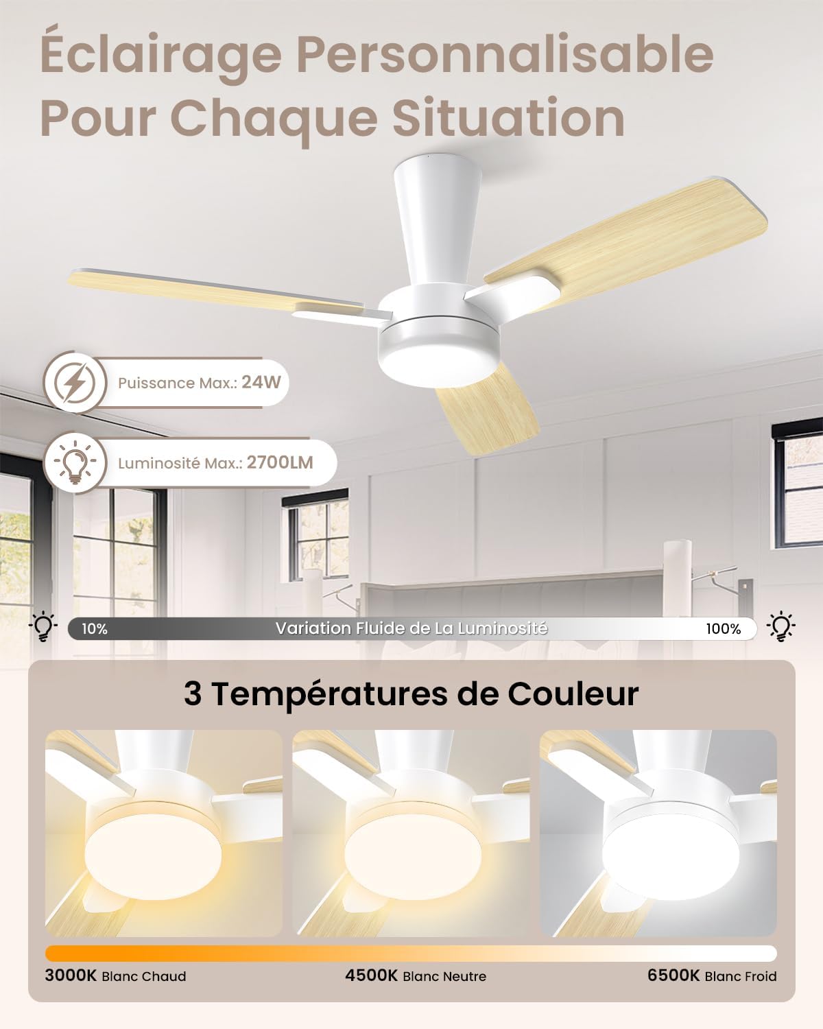 Ventilateur de plafond 106 cm avec lumière — pales clic sans outil — vue 6