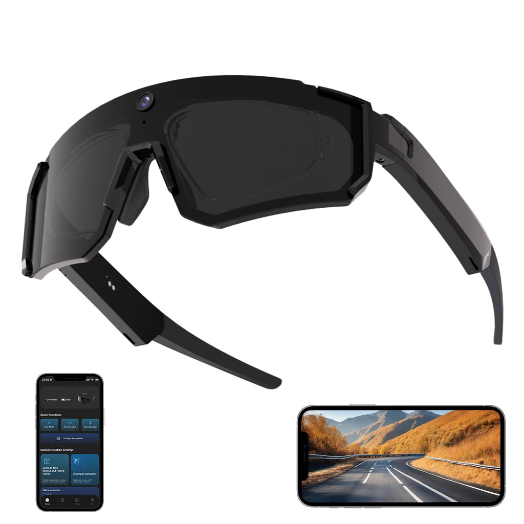 Lunettes connectées caméra HD 1200P — écran shield, enregistrement stabilisé