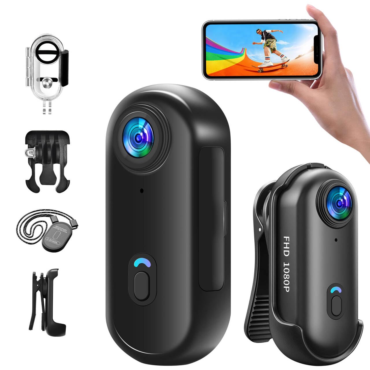 Mini caméra action format pouce 1080P — WiFi, étui étanche 30 m, fixation aimantée, démarrage 1 clic