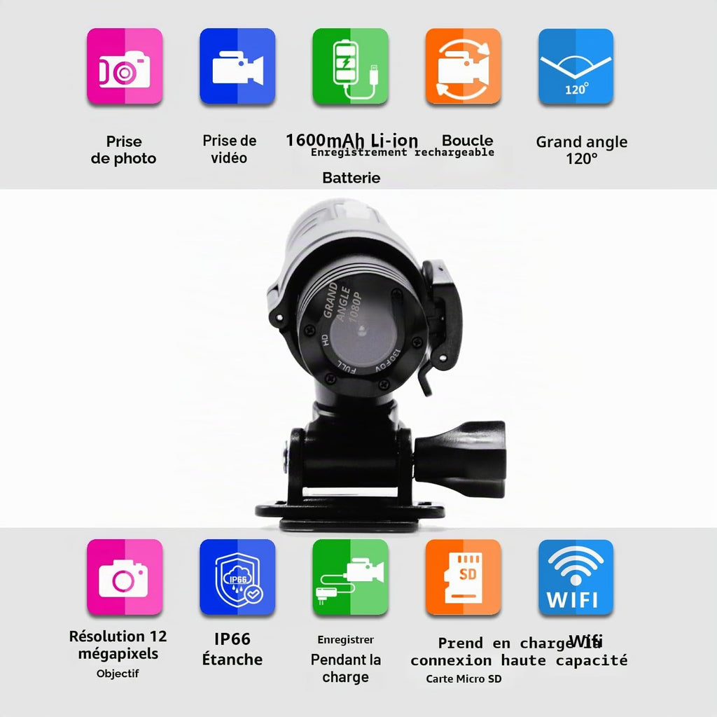 Caméra sport tubulaire 1080P étanche — WiFi, stabilisation EIS, compression H.265, batterie 1600 mAh