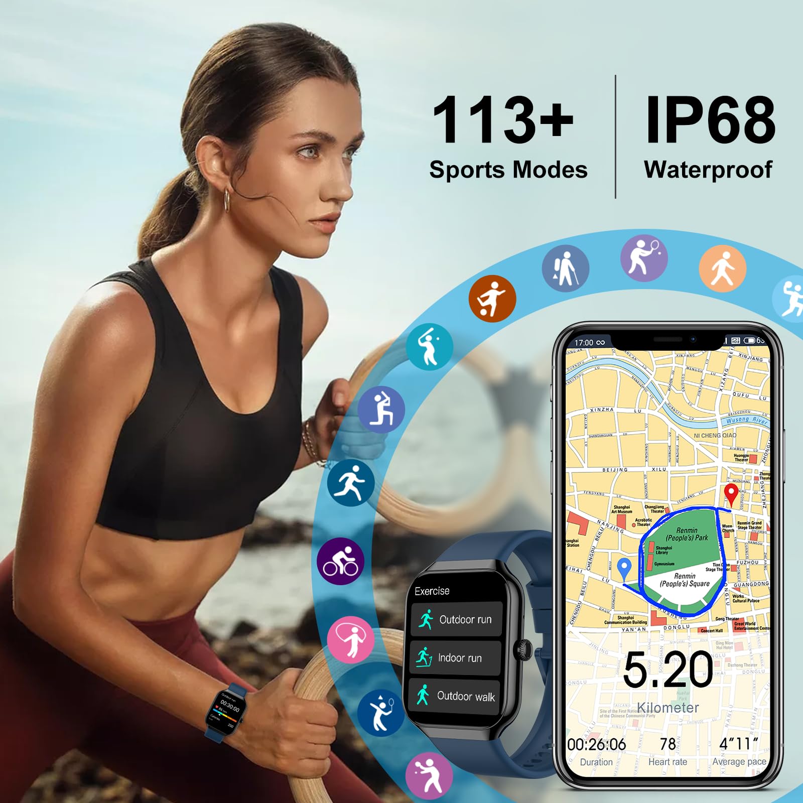 Montre connectée homme femme 1,96 pouces appel Bluetooth 113 modes sportifs