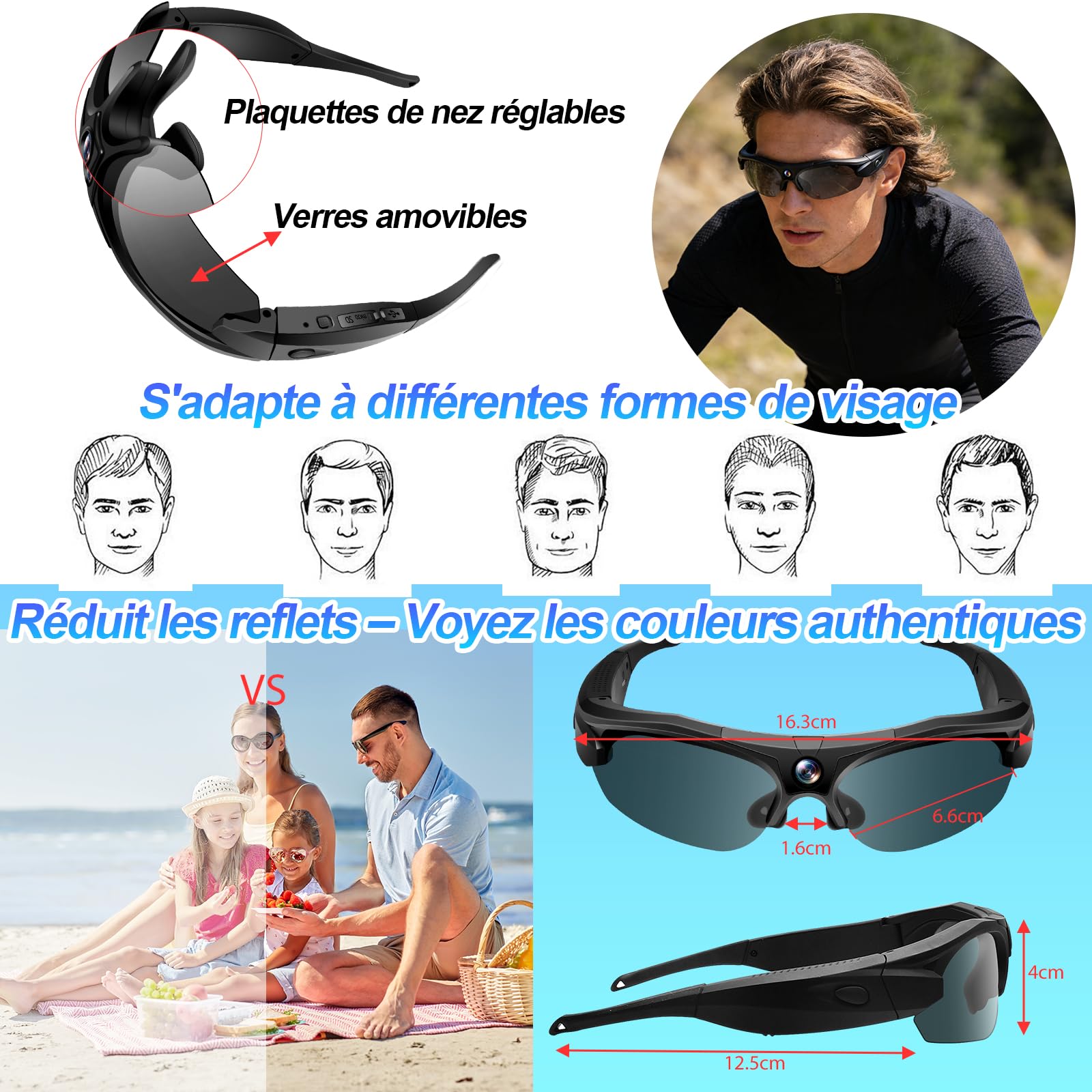 Lunettes connectées sport caméra 1080P HD grand angle 120° action