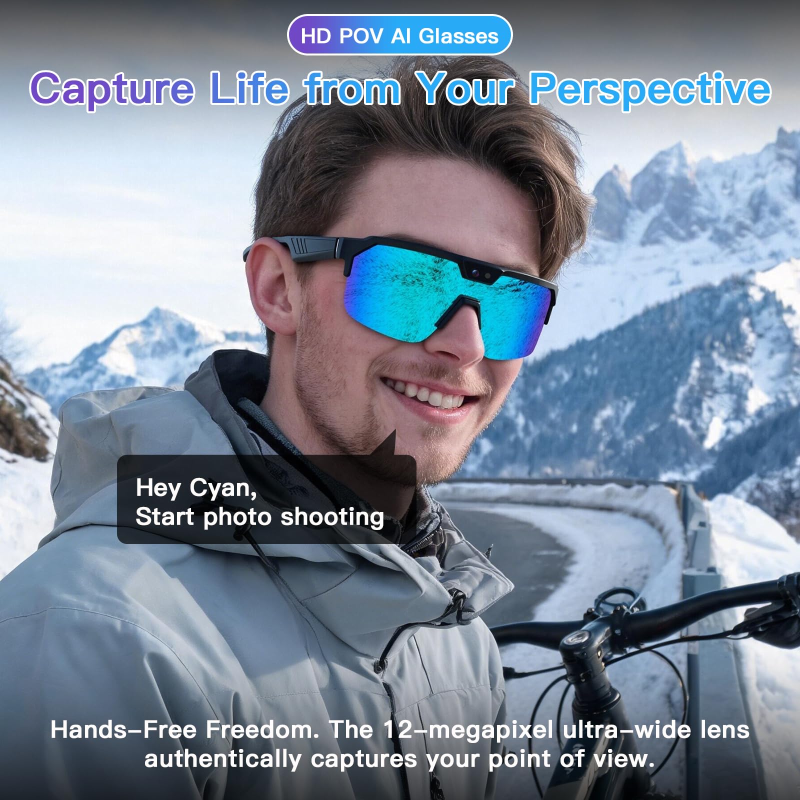 Lunettes connectées vélo caméra 8 MP — verres miroir bleus, Bluetooth
