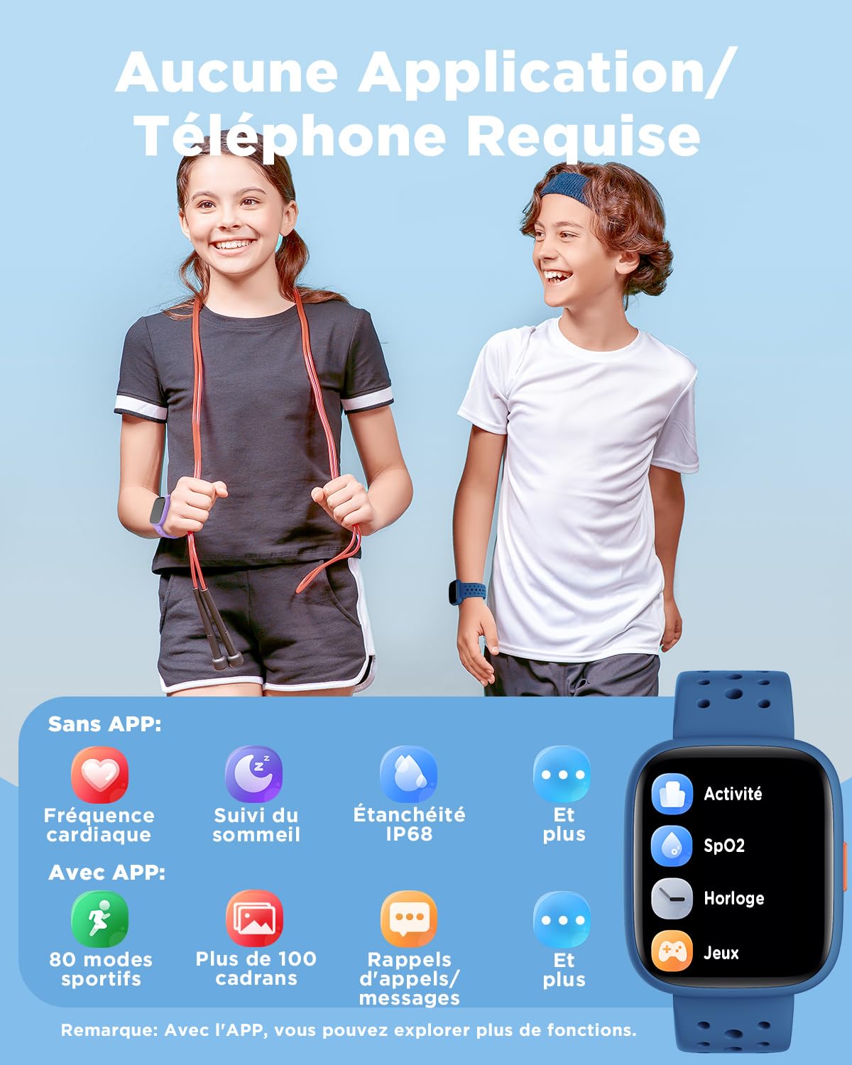 Montre connectée enfant 1,8" — podomètre, cardio, sommeil, sans appli (fille garçon)