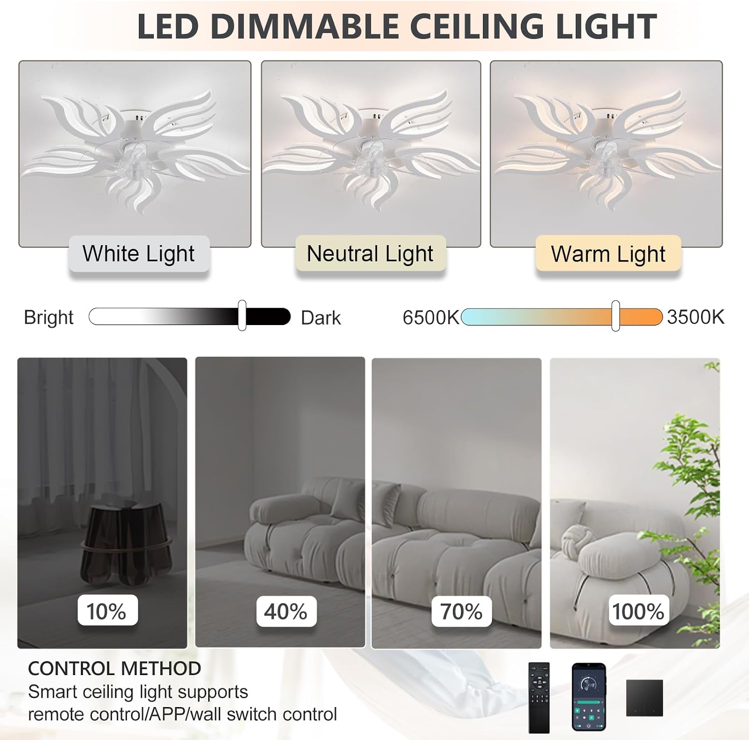 Ventilateur de plafond lustre LED — télécommande et application — vue 2