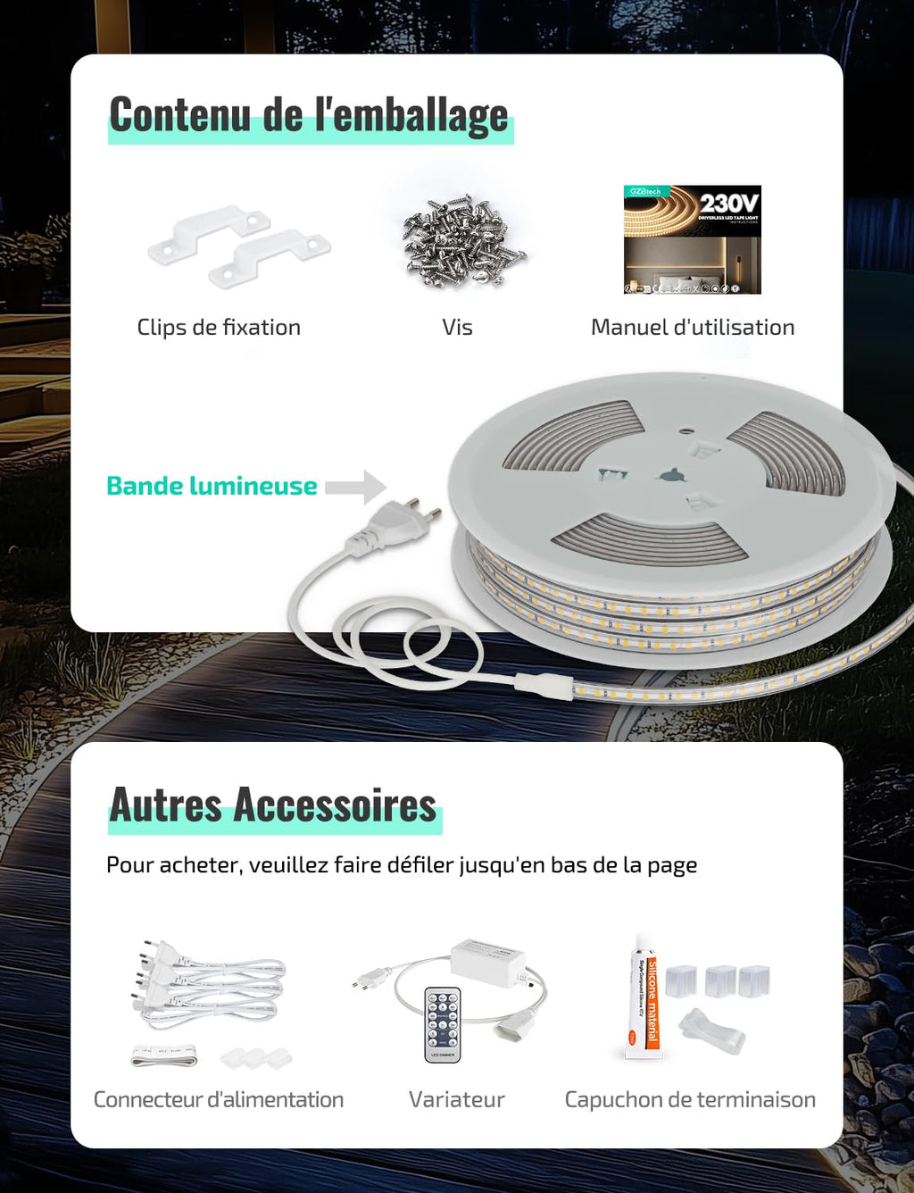 Ruban LED 220V blanc froid 6500K — 1200 lm/m, silicone IP65, découpable tous les 10 cm, sans transformateur